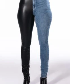 EXTREME STRETCH HIGH WAIST SKINNY JEANS -akira shop flex fit extreme stretch half and half pu high waist skinny jeans black denim 6 6 c1