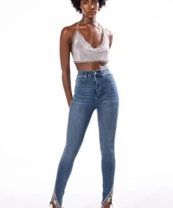 FLEX FIT EXTREME STRETCH HIGH RISE SKINNY JEANS WITH RHINESTONE ANKLE DETAILING -akira shop flex fit extreme stretch high rise skinny jeans with rhinestone ankle detailing medium blue denim 2 2