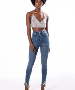 FLEX FIT EXTREME STRETCH HIGH RISE SKINNY JEANS WITH RHINESTONE ANKLE DETAILING -akira shop flex fit extreme stretch high rise skinny jeans with rhinestone ankle detailing medium blue denim 7 7