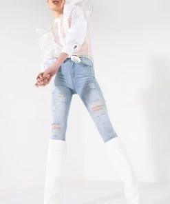 FLEX-FIT EXTREME STRETCH HIGH WAISTED DISTRESSED SKINNY JEANS -akira shop flex fit extreme stretch high waisted distressed skinny jeans light blue denim 3 3