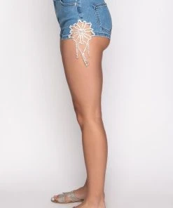 FLORENCE RHINESTONE CUT OUT DENIM SHORT -akira shop florence rhinestone cut out denim short medium blue denim 5 5