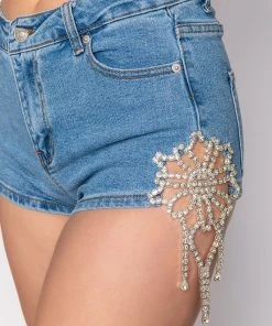 FLORENCE RHINESTONE CUT OUT DENIM SHORT -akira shop florence rhinestone cut out denim short medium blue denim 7 7