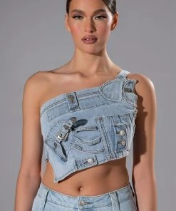 FOR REAL BUCKLE DETAIL DENIM CROP TOP -akira shop for real buckle detail denim crop top light blue 1 1 c1