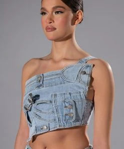 FOR REAL BUCKLE DETAIL DENIM CROP TOP -akira shop for real buckle detail denim crop top light blue 2 2 c1