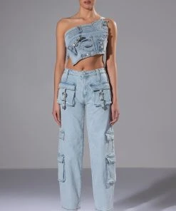 FOR REAL BUCKLE DETAIL DENIM CROP TOP -akira shop for real buckle detail denim crop top light blue 3 3 c1
