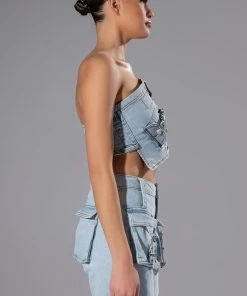 FOR REAL BUCKLE DETAIL DENIM CROP TOP -akira shop for real buckle detail denim crop top light blue 6 6