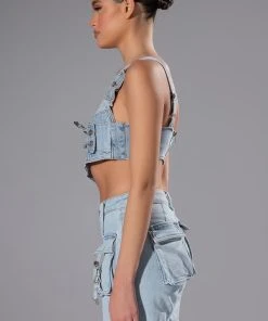 FOR REAL BUCKLE DETAIL DENIM CROP TOP -akira shop for real buckle detail denim crop top light blue 7 7