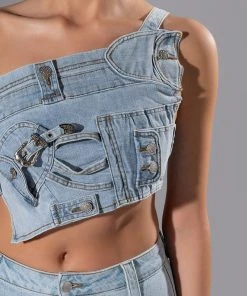 FOR REAL BUCKLE DETAIL DENIM CROP TOP -akira shop for real buckle detail denim crop top light blue 9 9