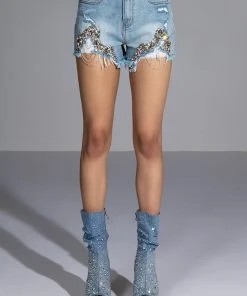 GLAMOROUS LIFE RHINESTONE JEAN SHORTS 12 GLAMOROUS LIFE RHINESTONE JEAN SHORTS -akira shop glamorous life rhinestone jean shorts medium blue denim 4 4