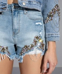 GLAMOROUS LIFE RHINESTONE JEAN SHORTS 15 GLAMOROUS LIFE RHINESTONE JEAN SHORTS -akira shop glamorous life rhinestone jean shorts medium blue denim 7 7