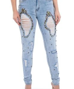 GLAMOUR RHINESTONE SKINNY JEANS -akira shop glamour rhinestone skinny jeans light blue denim 1 1 c1