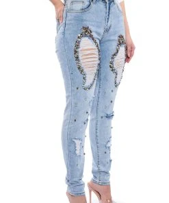 GLAMOUR RHINESTONE SKINNY JEANS -akira shop glamour rhinestone skinny jeans light blue denim 2 2 c1