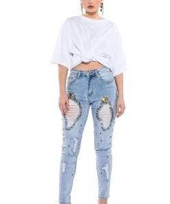 GLAMOUR RHINESTONE SKINNY JEANS -akira shop glamour rhinestone skinny jeans light blue denim 3 3 c1