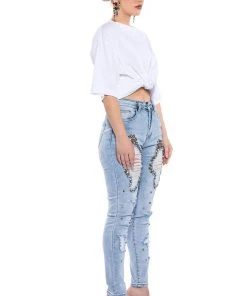 GLAMOUR RHINESTONE SKINNY JEANS -akira shop glamour rhinestone skinny jeans light blue denim 4 4 c1