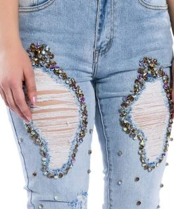 GLAMOUR RHINESTONE SKINNY JEANS -akira shop glamour rhinestone skinny jeans light blue denim 8 8 c1