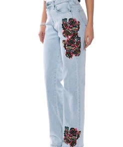 HIDDEN FACES EMBROIDERY DETAILED STRAIGHT LEG JEANS -akira shop hidden faces embroidery detailed straight leg jeans light blue denim 2 2