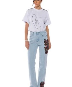 HIDDEN FACES EMBROIDERY DETAILED STRAIGHT LEG JEANS -akira shop hidden faces embroidery detailed straight leg jeans light blue denim 3 3