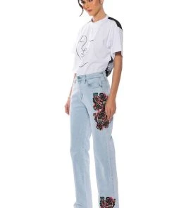 HIDDEN FACES EMBROIDERY DETAILED STRAIGHT LEG JEANS -akira shop hidden faces embroidery detailed straight leg jeans light blue denim 5 5