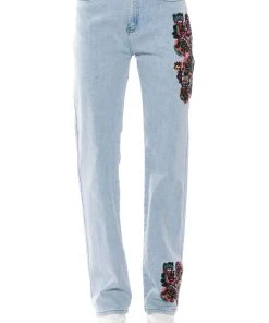 HIDDEN FACES EMBROIDERY DETAILED STRAIGHT LEG JEANS -akira shop hidden faces embroidery detailed straight leg jeans light blue denim 6 6