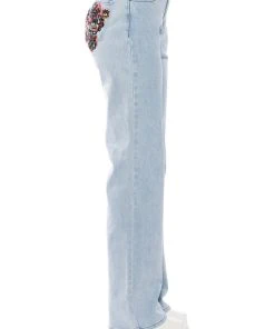 HIDDEN FACES EMBROIDERY DETAILED STRAIGHT LEG JEANS -akira shop hidden faces embroidery detailed straight leg jeans light blue denim 7 7