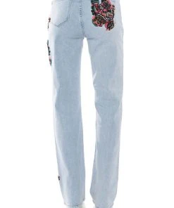 HIDDEN FACES EMBROIDERY DETAILED STRAIGHT LEG JEANS -akira shop hidden faces embroidery detailed straight leg jeans light blue denim 9 9