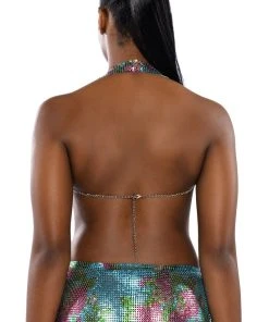 IN THE MOMENT FLORAL CHAINMAIL HALTER TOP 16 IN THE MOMENT FLORAL CHAINMAIL HALTER TOP -akira shop in the moment floral chainmail halter top blue multi 7 7