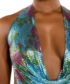 IN THE MOMENT FLORAL CHAINMAIL HALTER TOP 17 IN THE MOMENT FLORAL CHAINMAIL HALTER TOP -akira shop in the moment floral chainmail halter top blue multi 8 8