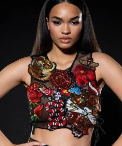 INKED SLEEVELESS SEQUIN APPLIQUE CROP TOP -akira shop inked sleeveless sequin applique crop top multi 1 1 c1