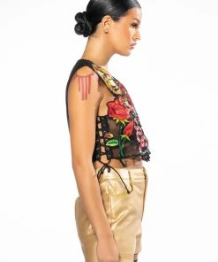 INKED SLEEVELESS SEQUIN APPLIQUE CROP TOP -akira shop inked sleeveless sequin applique crop top multi 6 6