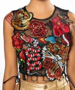 INKED SLEEVELESS SEQUIN APPLIQUE CROP TOP -akira shop inked sleeveless sequin applique crop top multi 8 8