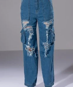 IVY DISTRESSED CARGO HIGH WAISTED JEANS -akira shop ivy distressed cargo high waisted jeans medium blue denim 5 5