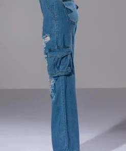 IVY DISTRESSED CARGO HIGH WAISTED JEANS -akira shop ivy distressed cargo high waisted jeans medium blue denim 6 6