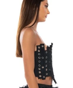 IVY PATCHWORK DENIM CORSET -akira shop ivy patchwork denim corset black denim 7 7
