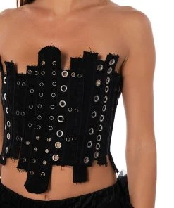 IVY PATCHWORK DENIM CORSET -akira shop ivy patchwork denim corset black denim 8 8