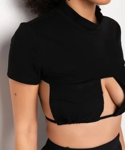 JEUNE POCKET DETAIL CUTOUT CROP TEE -akira shop jeune pocket detail cutout crop tee black 9 9