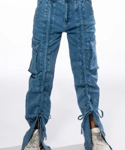 KENNA FRONT TIE DETAIL CARGO JEANS -akira shop kenna front tie detail cargo jeans medium blue denim 4 4