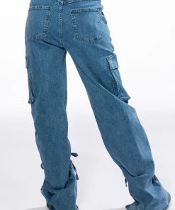 KENNA FRONT TIE DETAIL CARGO JEANS -akira shop kenna front tie detail cargo jeans medium blue denim 6 6