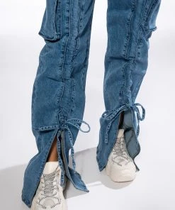 KENNA FRONT TIE DETAIL CARGO JEANS -akira shop kenna front tie detail cargo jeans medium blue denim 7 7