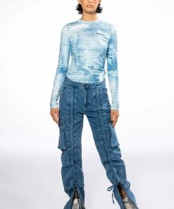 KENNA FRONT TIE DETAIL CARGO JEANS -akira shop kenna front tie detail cargo jeans medium blue denim 8 8