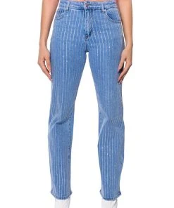 KICK BACK PINSTRIPE RHINESTONE WIDE LEG JEANS
