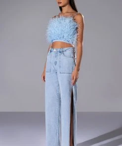LASTING LOVER HIGH RISE SIDE SLIT JEANS -akira shop lasting lover high rise side slit jeans light blue 4 4