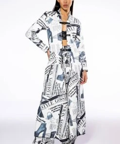 LEGENDARY NEWSPAPER PRINT WIDE LEG TROUSER -akira shop legendary newspaper print wide leg trouser white multi 3 3
