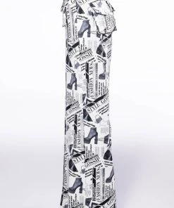 LEGENDARY NEWSPAPER PRINT WIDE LEG TROUSER -akira shop legendary newspaper print wide leg trouser white multi 7 7