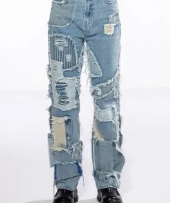 LEON PATCHWORK HIGH RISE STRAIGHT LEG JEANS 12 LEON PATCHWORK HIGH RISE STRAIGHT LEG JEANS -akira shop leon patchwork high rise straight leg jeans light blue denim 3 3 c1 c1 c1 c1 c1