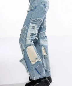 LEON PATCHWORK HIGH RISE STRAIGHT LEG JEANS 14 LEON PATCHWORK HIGH RISE STRAIGHT LEG JEANS -akira shop leon patchwork high rise straight leg jeans light blue denim 5 5 c1 c1 c1 c1 c1
