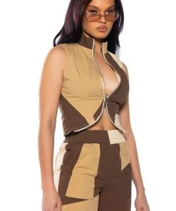 LEXI ADJUSTABLE ZIP SLEEVELESS TOP -akira shop lexi adjustable zip sleeveless top brown multi 3 3