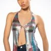 GOING OUT TONIGHT HIGH SHINE CHAINMAIL FRONT CLASP HALTER TOP -akira shop luciana chainmail front clasp halter top multi 1 1