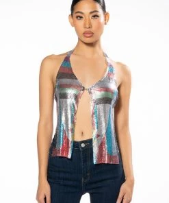 GOING OUT TONIGHT HIGH SHINE CHAINMAIL FRONT CLASP HALTER TOP -akira shop luciana chainmail front clasp halter top multi 3 3