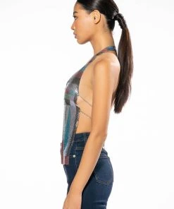 GOING OUT TONIGHT HIGH SHINE CHAINMAIL FRONT CLASP HALTER TOP -akira shop luciana chainmail front clasp halter top multi 4 4