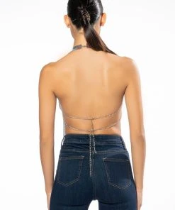 GOING OUT TONIGHT HIGH SHINE CHAINMAIL FRONT CLASP HALTER TOP -akira shop luciana chainmail front clasp halter top multi 5 5